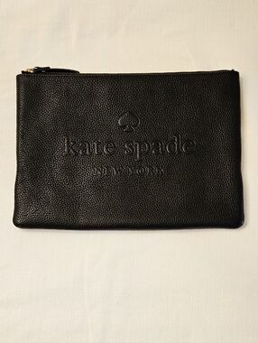 kate spade Black Pebbled Leather Zip Pouch with Embossed Logo